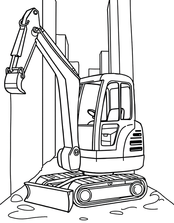 Black and white coloring page of a compact mini excavator working in a tight urban space