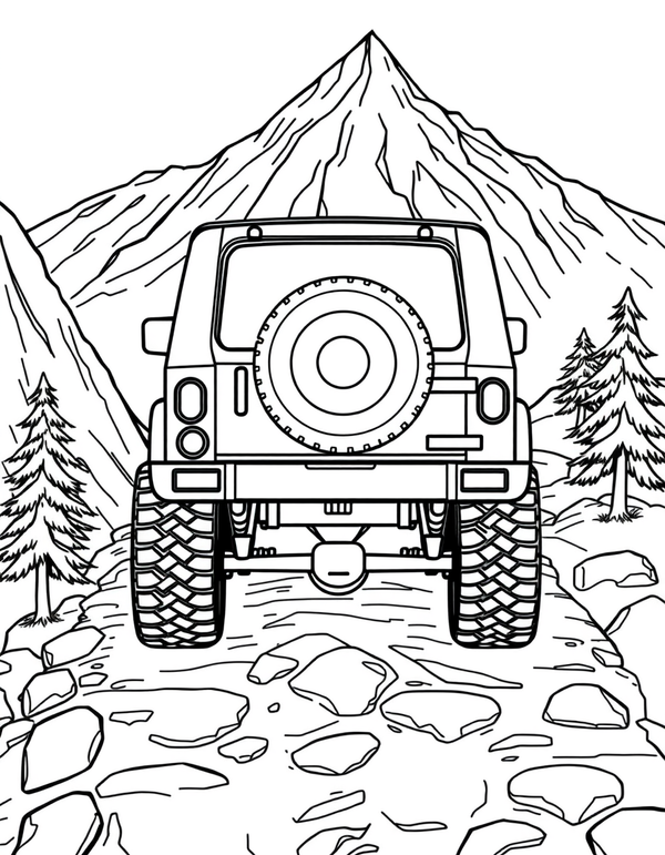 Black and white coloring page of off-road SUV climbing a mountain trail