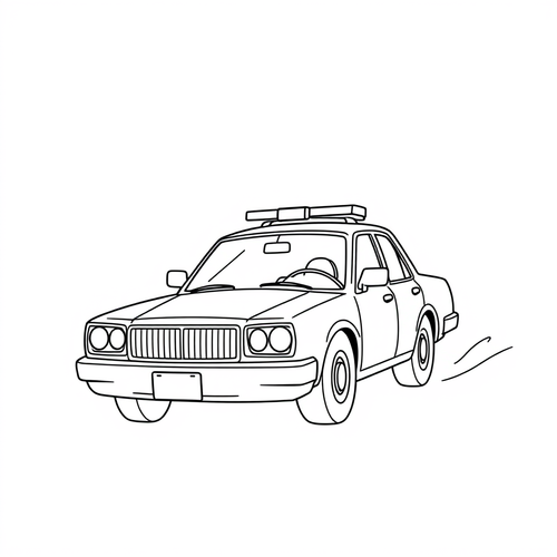 Black and white coloring page of police car with flashing lights chasing a suspect