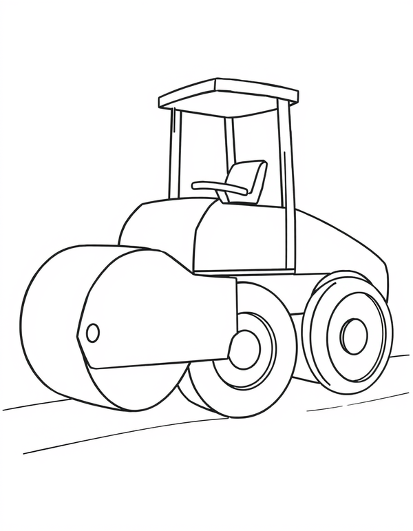 Black and white coloring page of a road roller compacting fresh asphalt