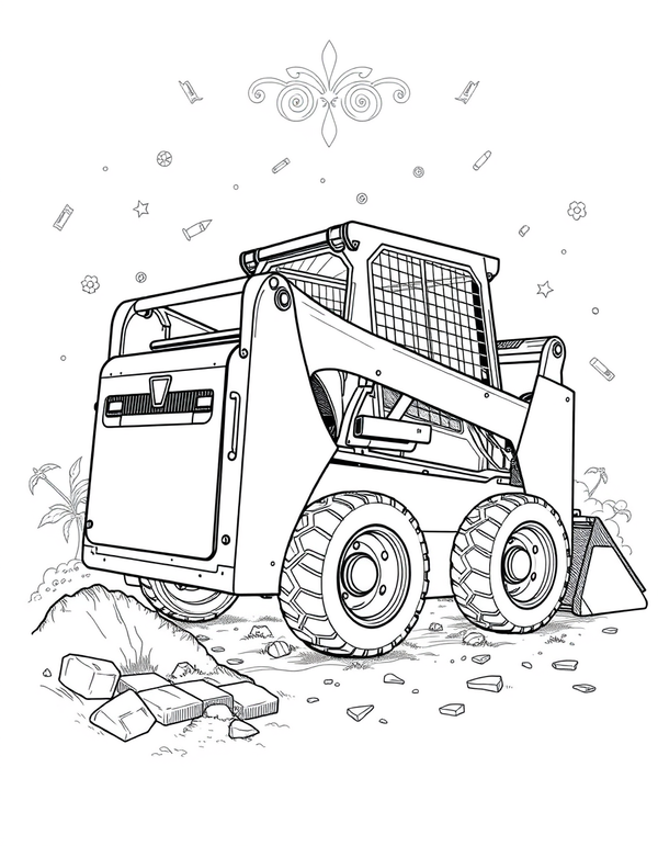 Black and white coloring page of a skid steer loader in action on a job site