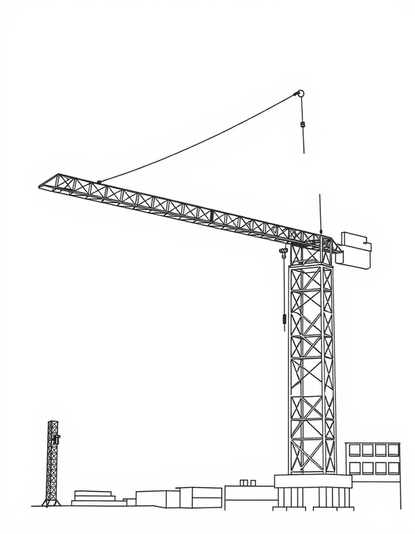 Black and white coloring page of a tall tower crane at a construction site
