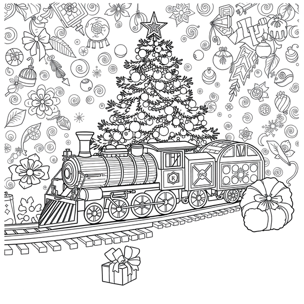 Black and white coloring page of toy train set under a Christmas tree