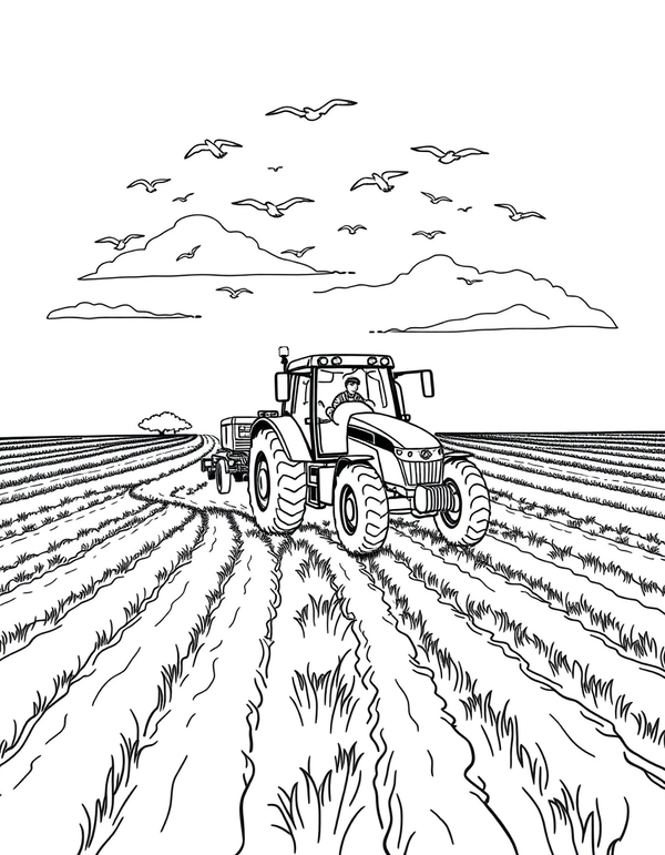 Tractor Plowing A Field black and white line art