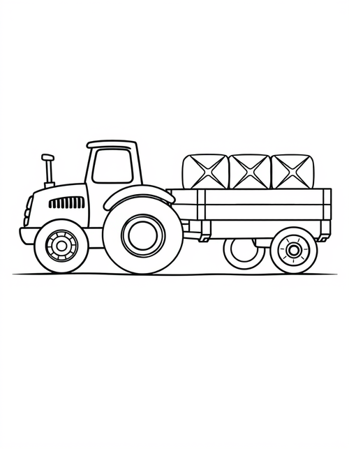Coloring page of a cartoon farm tractor pulling a flat wagon stacked with square hay bales