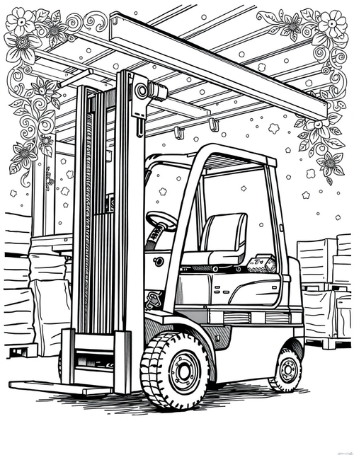 Black and white coloring page of a forklift carrying a pallet in a warehouse