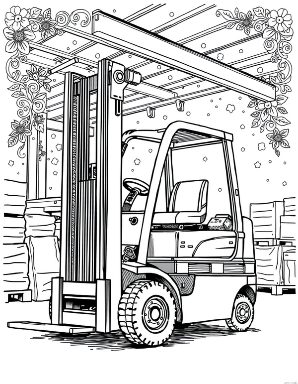 Black and white coloring page of a forklift carrying a pallet in a warehouse
